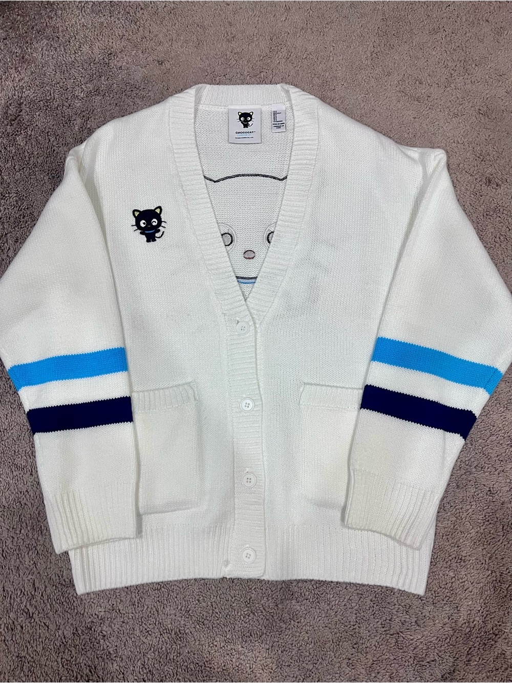 Sanrio Forever 21 Chococat White Varsity Style Cardigan with Blue Stripe - Small